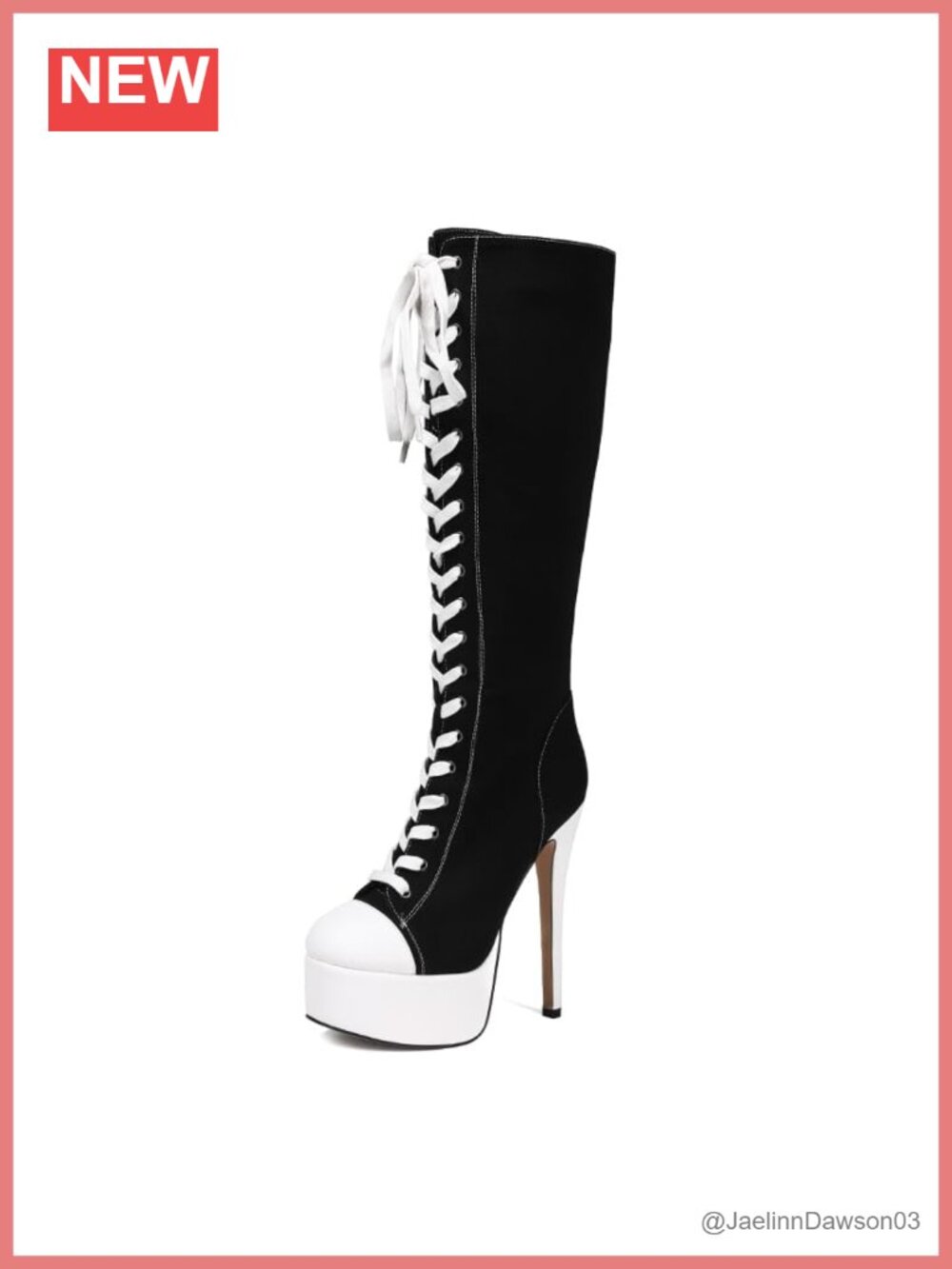 Canvas Lace Up Knee High Platform Stiletto Heel Boots Round Toe
